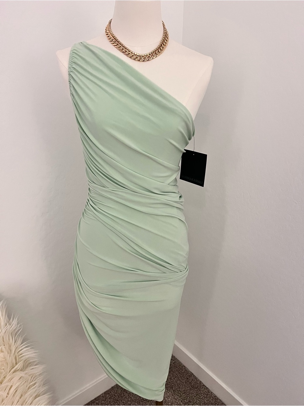 Norma Kamali One-Shoulder Mint Green Ruched Bodycon Dress
